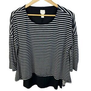 Chicos Top Womens Size Medium Black White Striped Layered 3/4 Sleeve Shirt